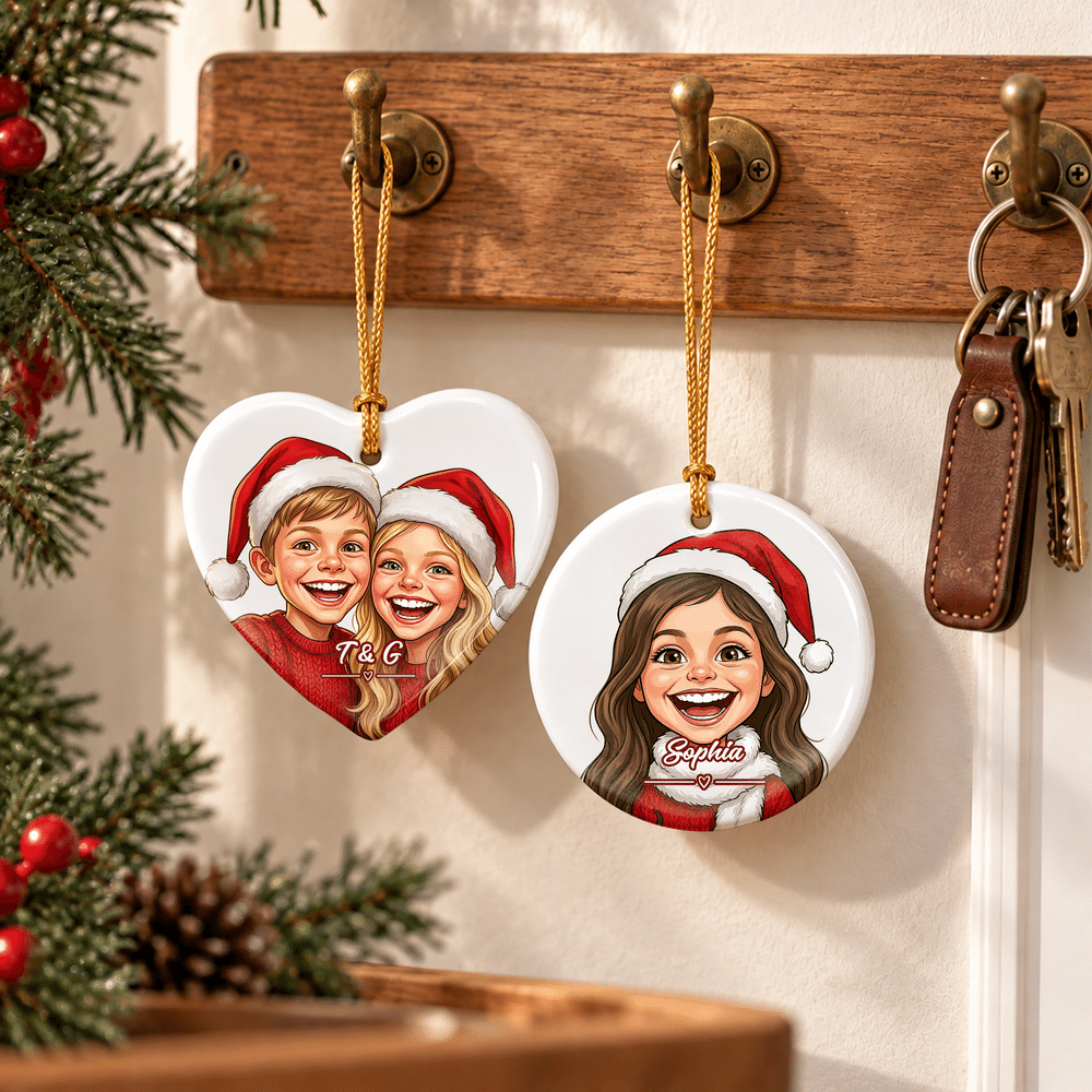 Personalised Exaggerated Western Comic Style Photo Heart Round Ceramic Ornament with Text Tree Decor Christmas Gift for Family 6