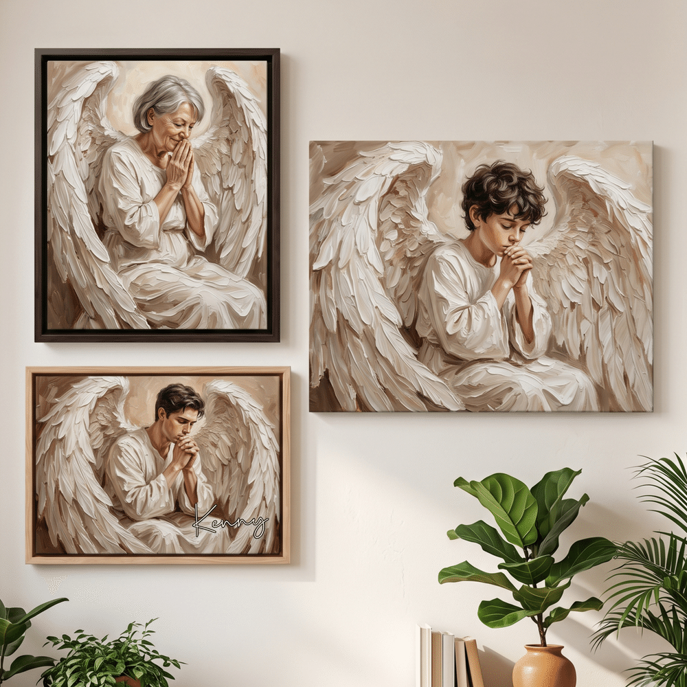 Personalised Impasto Oil Painting Angel Praying Portrait Canvas Prints with Name Home Decor Memorial Sympathy Gift for Family Friends 3