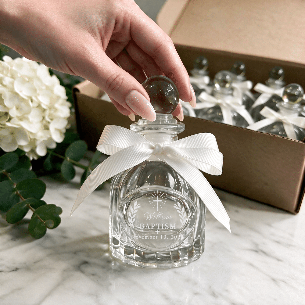 Personalized Cross Refillable Holy Water Glass Bottle with Name Date and White Bow Ribbon Baby Shower Baptism Gift for Newborn 6