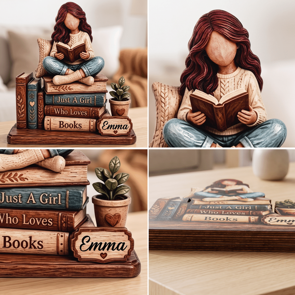 Personalised 3D-Effect Art Cartoon Reading Girl Layered Wooden Decoration with Name Desk Decor Christmas Gift for Girl Book Lover 6