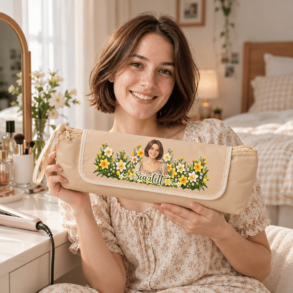 Sac de rangement portable pour tige chauffante, personnalisé avec une fleur de naissance et un personnage de dessin animé, avec prénom – Accessoires de voyage – Cadeau de Noël pour femme 4