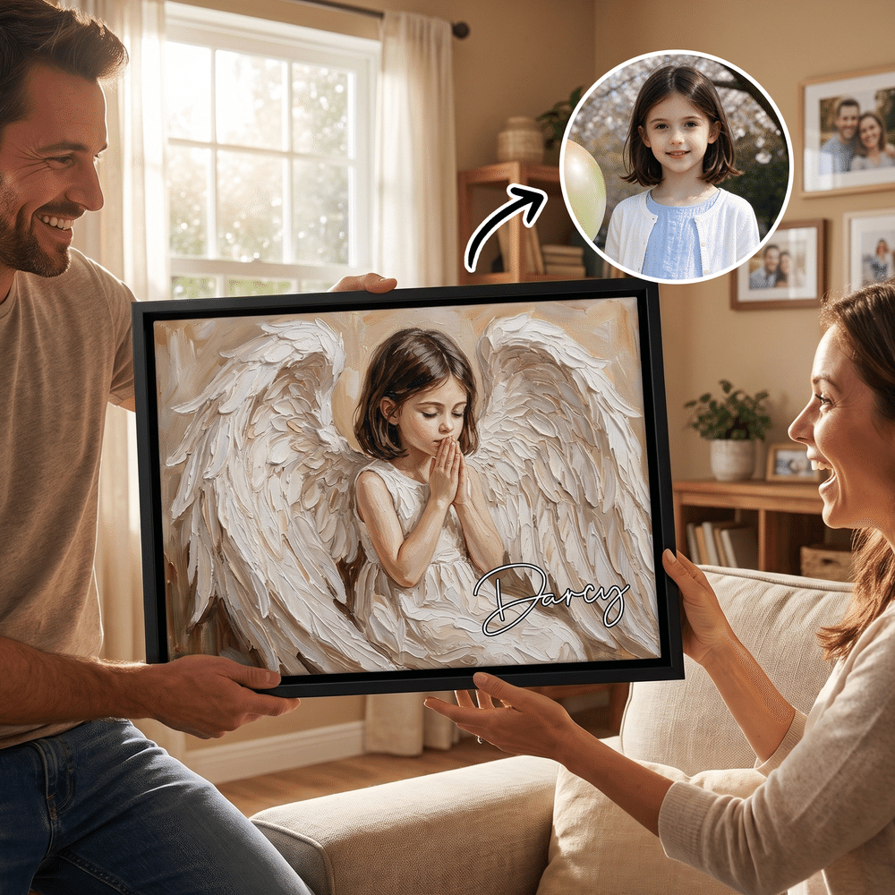 Personalised Impasto Oil Painting Angel Praying Portrait Canvas Prints with Name Home Decor Memorial Sympathy Gift for Family Friends 5