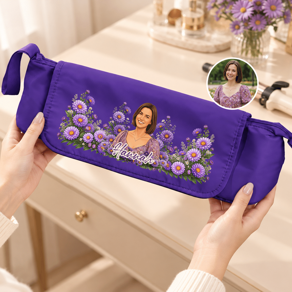 Sac de rangement portable pour tige chauffante, personnalisé avec une fleur de naissance et un personnage de dessin animé, avec prénom – Accessoires de voyage – Cadeau de Noël pour femme 5