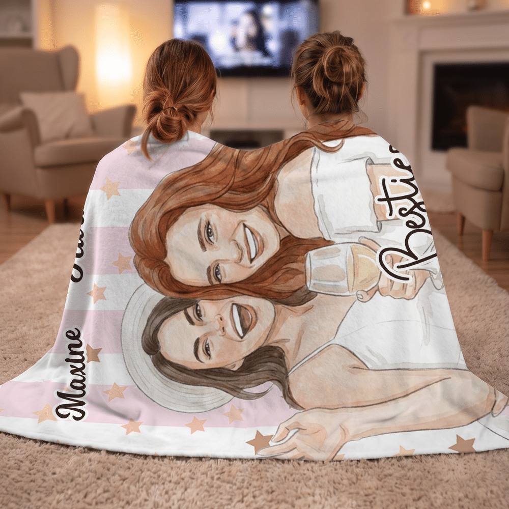 Personalized Star Watercolor Style Character Photo Soft Throw Blanket with Names Home Decor Birthday Gift for Best Friends Besties 5