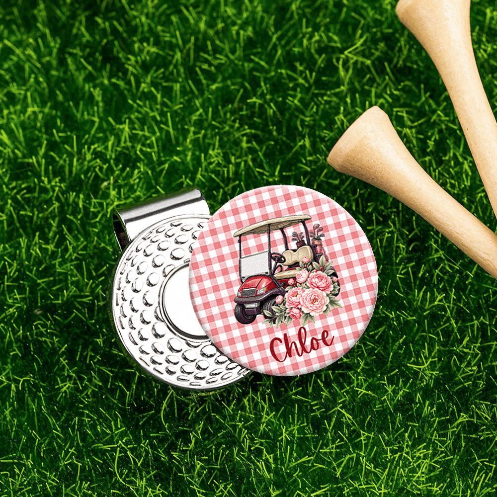 Personalised Birth Flower Plaid Striped Golf-Themed Magnetic Hat Clip with Name Birthday Gift for Golfers Family Friends 4