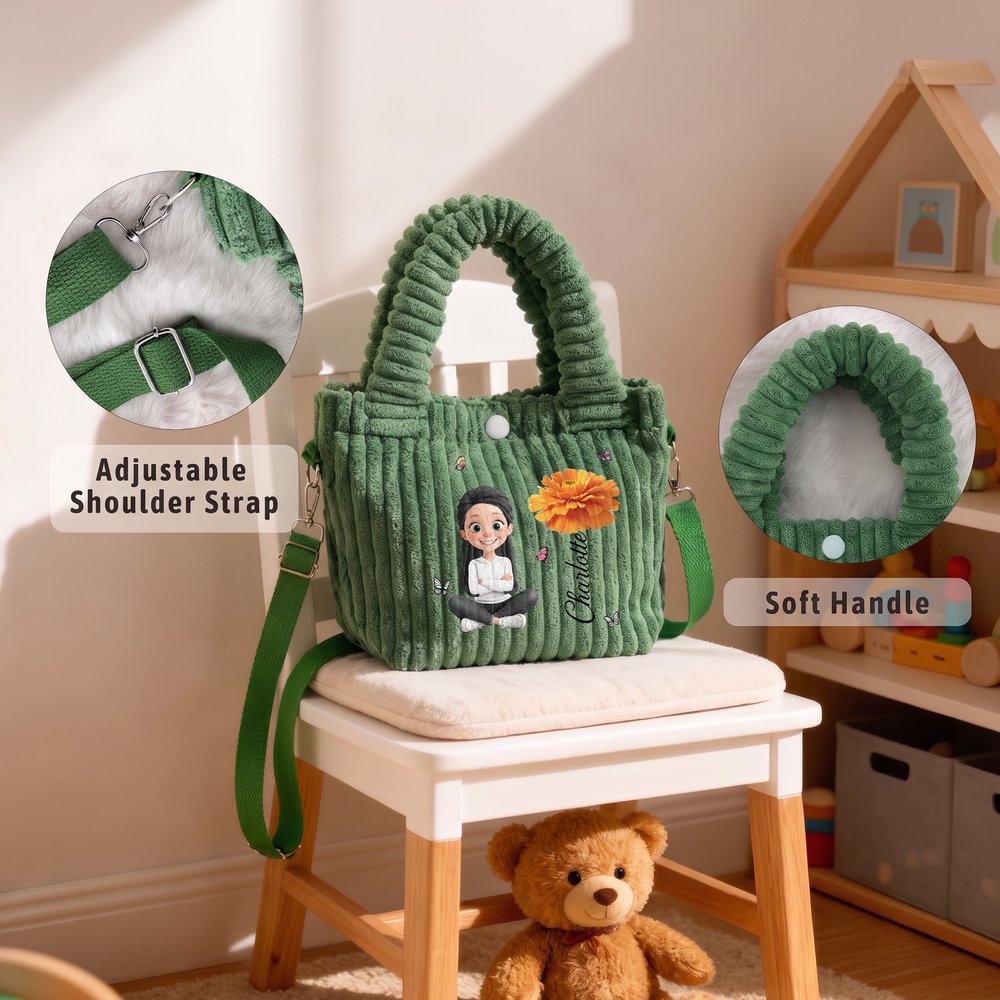 Personalized Cartoon Character Birth Flower Corduroy Crossbody Bag with Name Birthday Christmas Gift for Girls 8