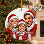 Personalised Exaggerated Western Comic Style Photo Heart Round Ceramic Ornament with Text Tree Decor Christmas Gift for Family 1
