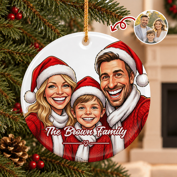 Personalised Exaggerated Western Comic Style Photo Heart Round Ceramic Ornament with Text Tree Decor Christmas Gift for Family