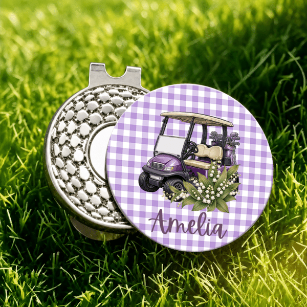 Personalised Birth Flower Plaid Striped Golf-Themed Magnetic Hat Clip with Name Birthday Gift for Golfers Family Friends