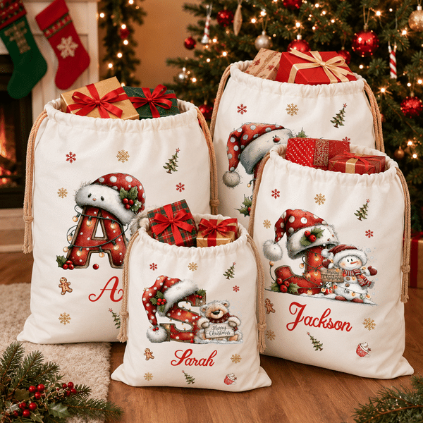 Personalized Large Capacity Christmas Tree Santa Claus Snowflake Canvas Drawstring Gift Bag with Name Christmas Birthday Giftfor Kids