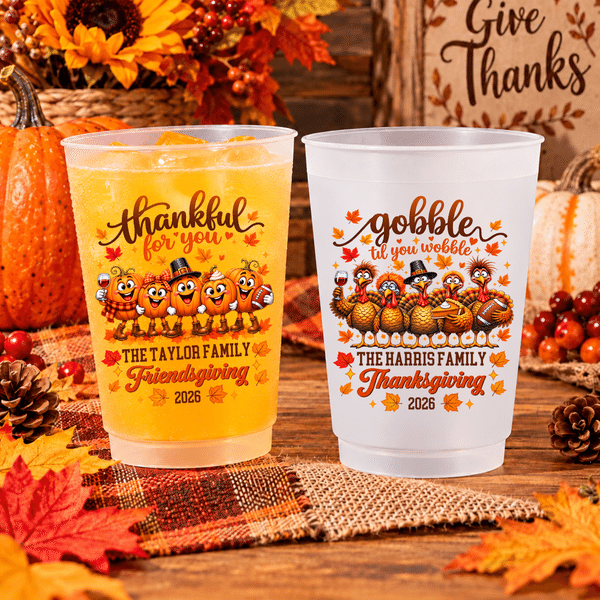 Personalised Turkey Pumpkin Maple Leaf 12 oz 16 oz Plastic Party Cups with Family Name and Year Thanksgiving Friendsgiving Gift for Family Friends