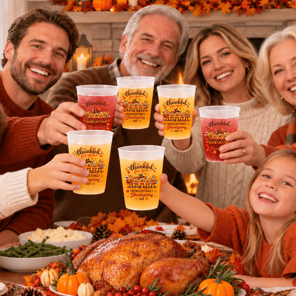 Personalised Turkey Pumpkin Maple Leaf 12 oz 16 oz Plastic Party Cups with Family Name and Year Thanksgiving Friendsgiving Gift for Family Friends 7