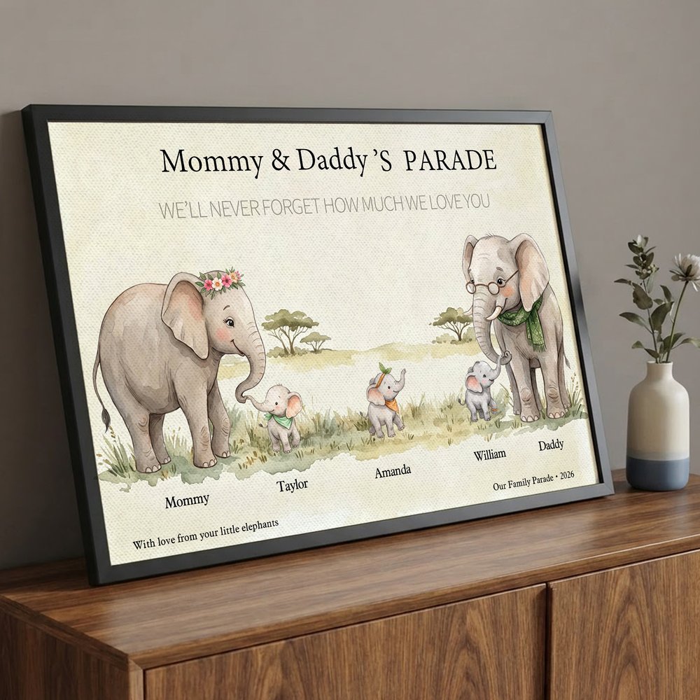 Personalised Cartoon Elephant Family Canvas Poster Framed Painting with 1-10 Names and Year Wall Decor Mother's Day Christmas Gift for Grandparents 8