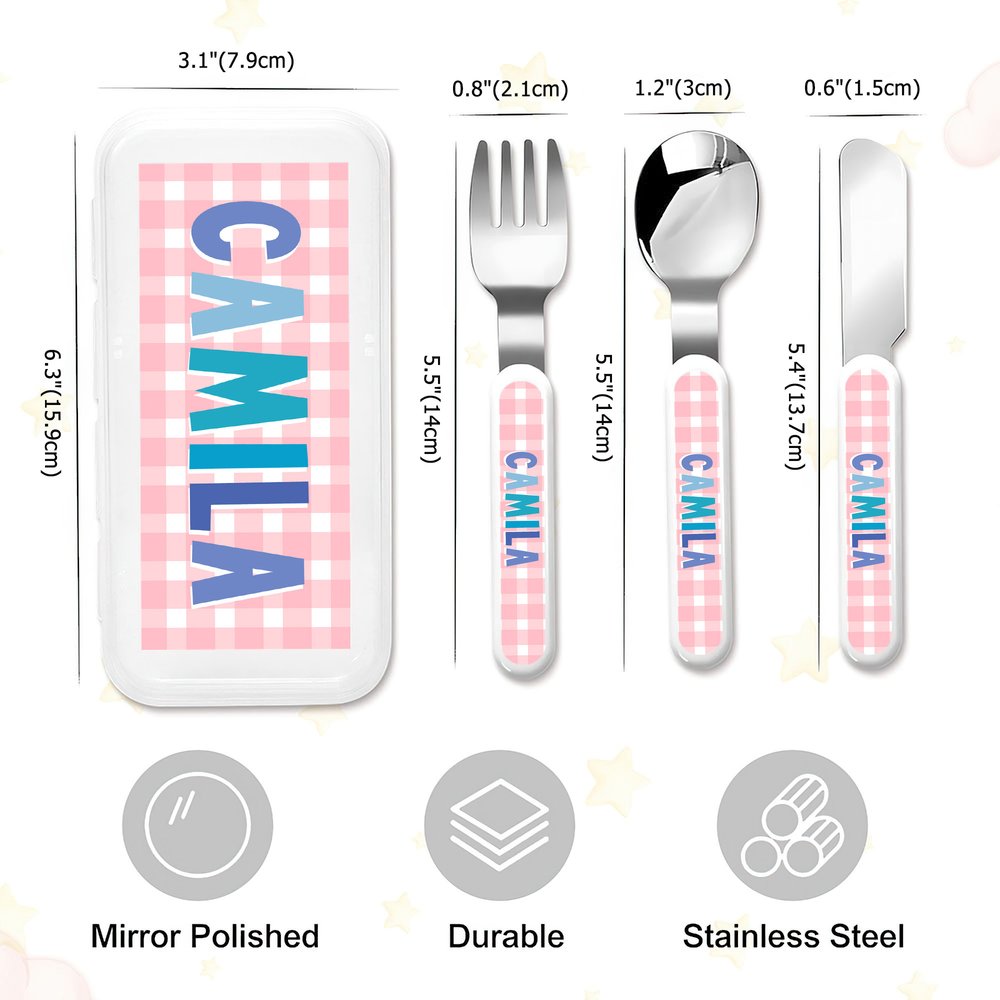 Juego de cubiertos de acero inoxidable de 3 piezas (tenedor, cuchara y cuchillo) con diseño personalizado en forma de cuadrícula, con nombre y estuche. Para uso diario. Regalo de cumpleaños para niños y niñas. 8