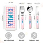 Juego de cubiertos de acero inoxidable de 3 piezas (tenedor, cuchara y cuchillo) con diseño personalizado en forma de cuadrícula, con nombre y estuche. Para uso diario. Regalo de cumpleaños para niños y niñas. 8