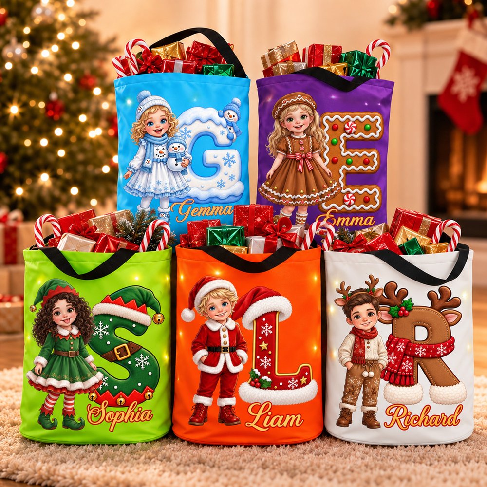 Personalized 3D-Effect Artwork Cartoon Christmas Character Photo LED Light Bucket Bag with Name and Initial Christmas Party Gift for Boys Girls 6