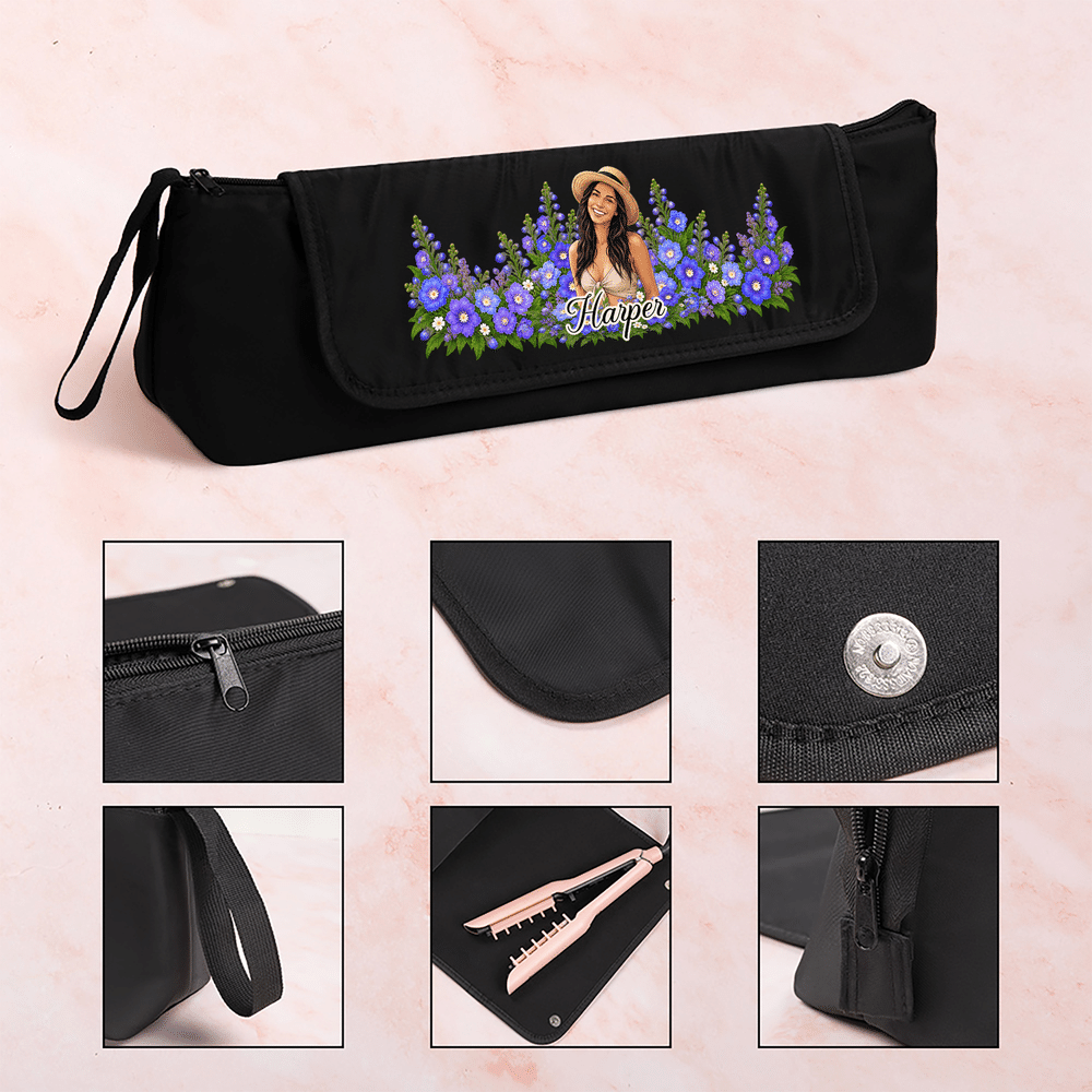 Sac de rangement portable pour tige chauffante, personnalisé avec une fleur de naissance et un personnage de dessin animé, avec prénom – Accessoires de voyage – Cadeau de Noël pour femme 8