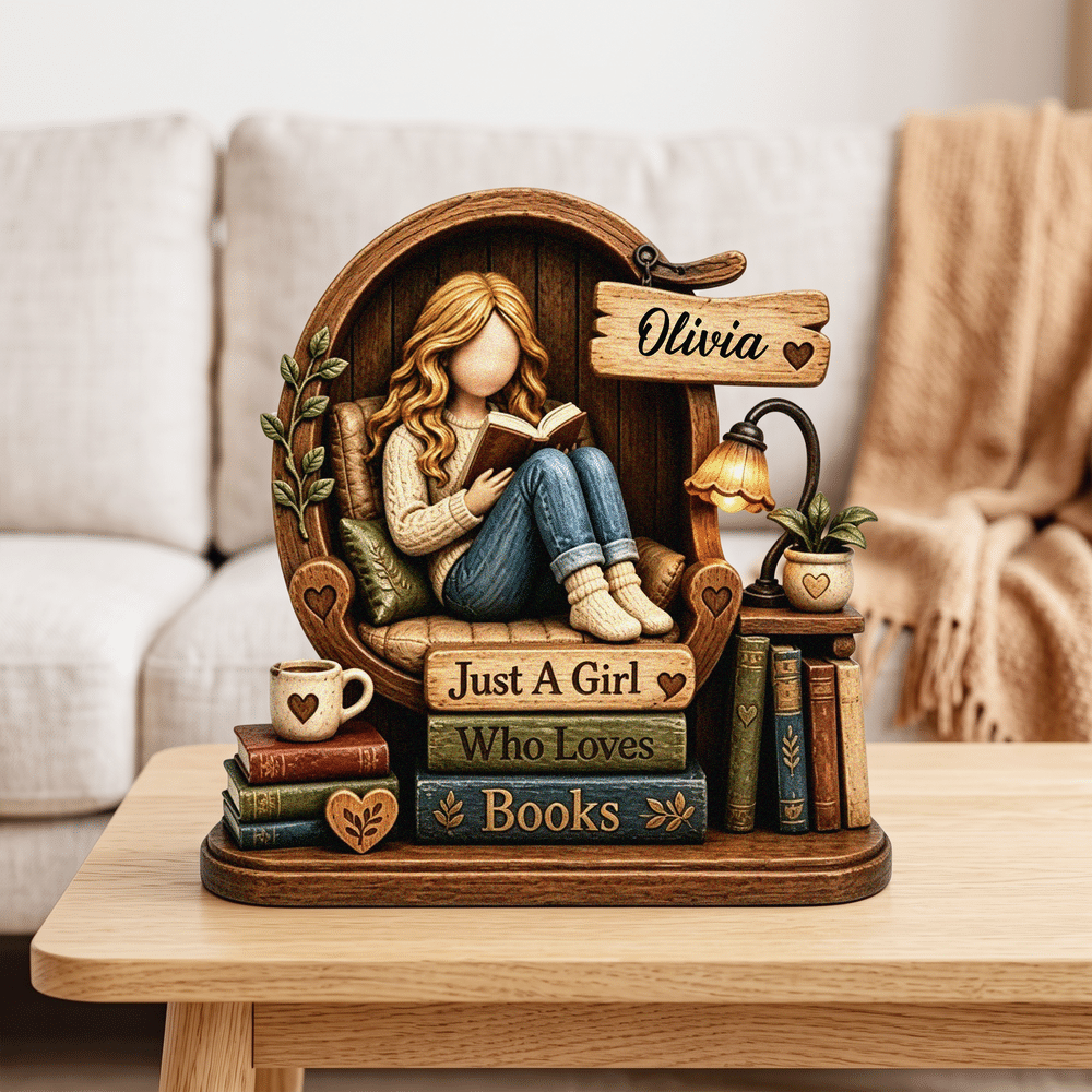 Personalised 3D-Effect Art Cartoon Reading Girl Layered Wooden Decoration with Name Desk Decor Christmas Gift for Girl Book Lover 5