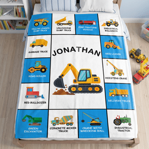 Personalised Cartoon Construction Vehicle Soft Throw Blanket with Name Birthday Christmas Gift for Kid Lorry Lover