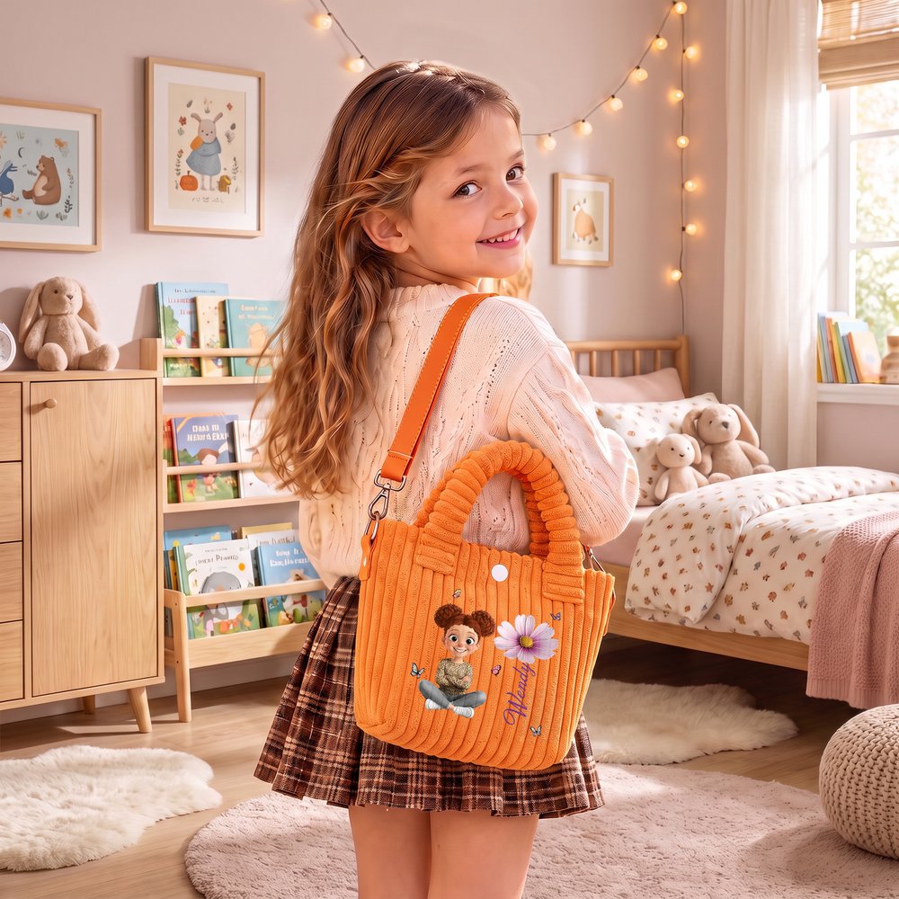Personalized Cartoon Character Birth Flower Corduroy Crossbody Bag with Name Birthday Christmas Gift for Girls 4