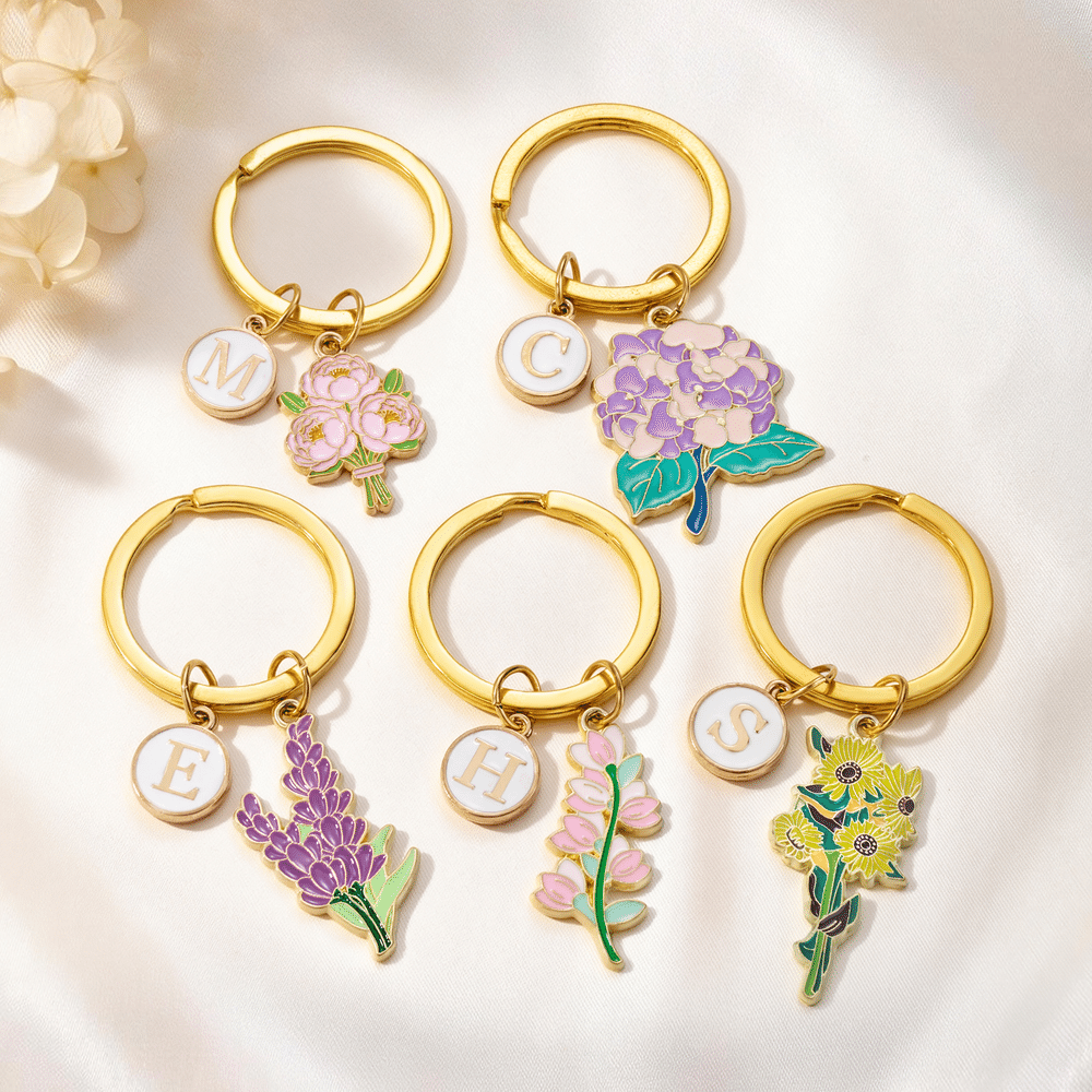 Personalised Colourful Flower Bouquet Keychain Bag Charm with Initial Daily Use Holiday Birthday Gift for Women Besties 1