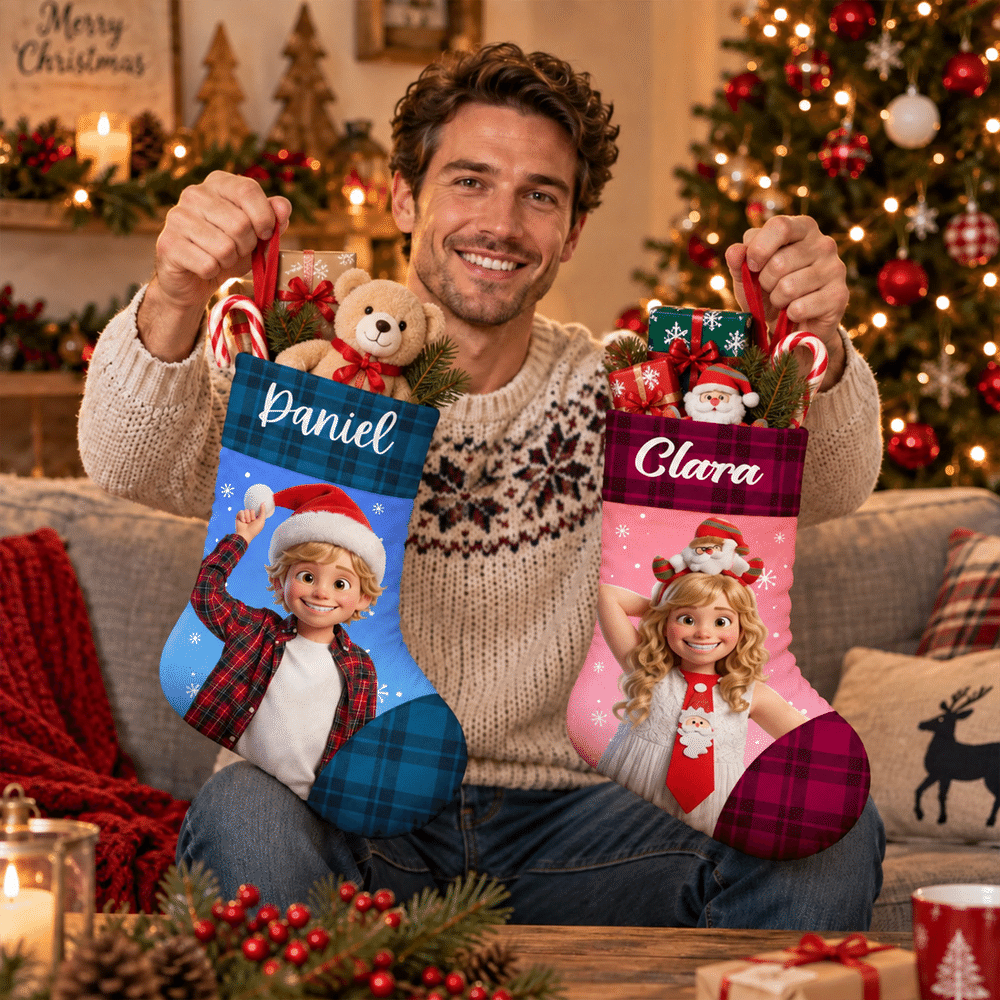 Calcetín navideño personalizado con foto de dibujos animados, gorro de Papá Noel a cuadros y nombre; decoración para el hogar; regalo de Navidad para niños y la familia 5