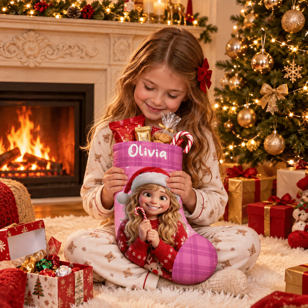 Calcetín navideño personalizado con foto de dibujos animados, gorro de Papá Noel a cuadros y nombre; decoración para el hogar; regalo de Navidad para niños y la familia 3
