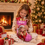Calcetín navideño personalizado con foto de dibujos animados, gorro de Papá Noel a cuadros y nombre; decoración para el hogar; regalo de Navidad para niños y la familia 3