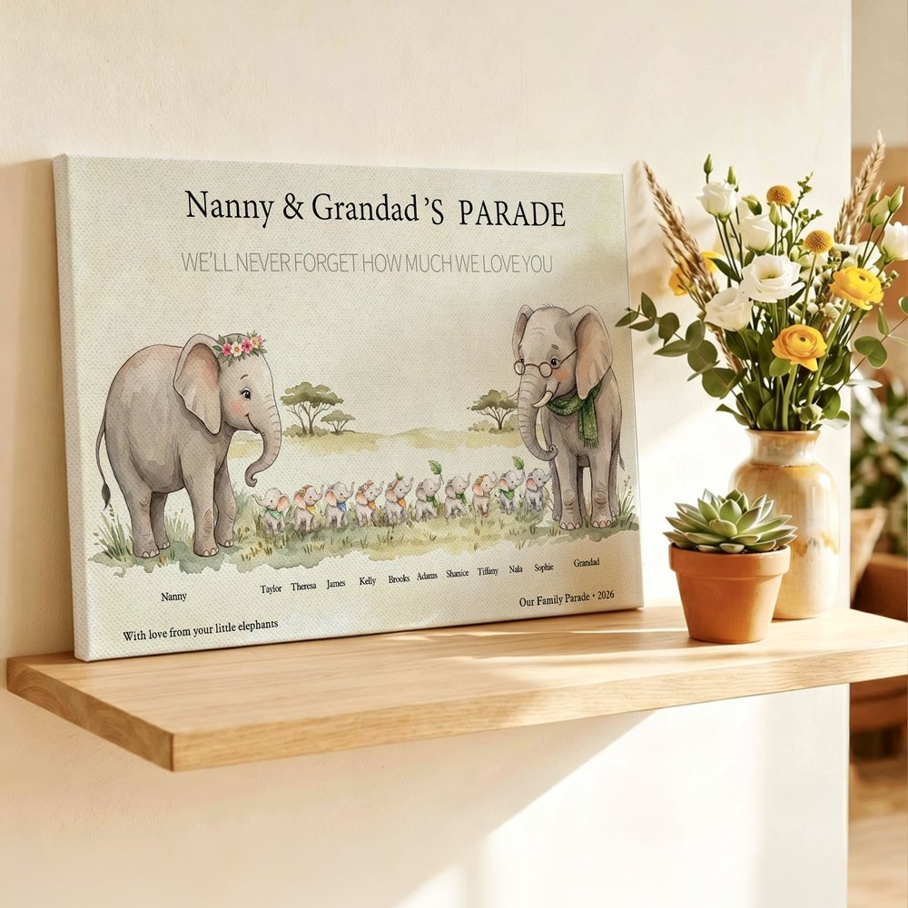 Personalised Cartoon Elephant Family Canvas Poster Framed Painting with 1-10 Names and Year Wall Decor Mother's Day Christmas Gift for Grandparents 2