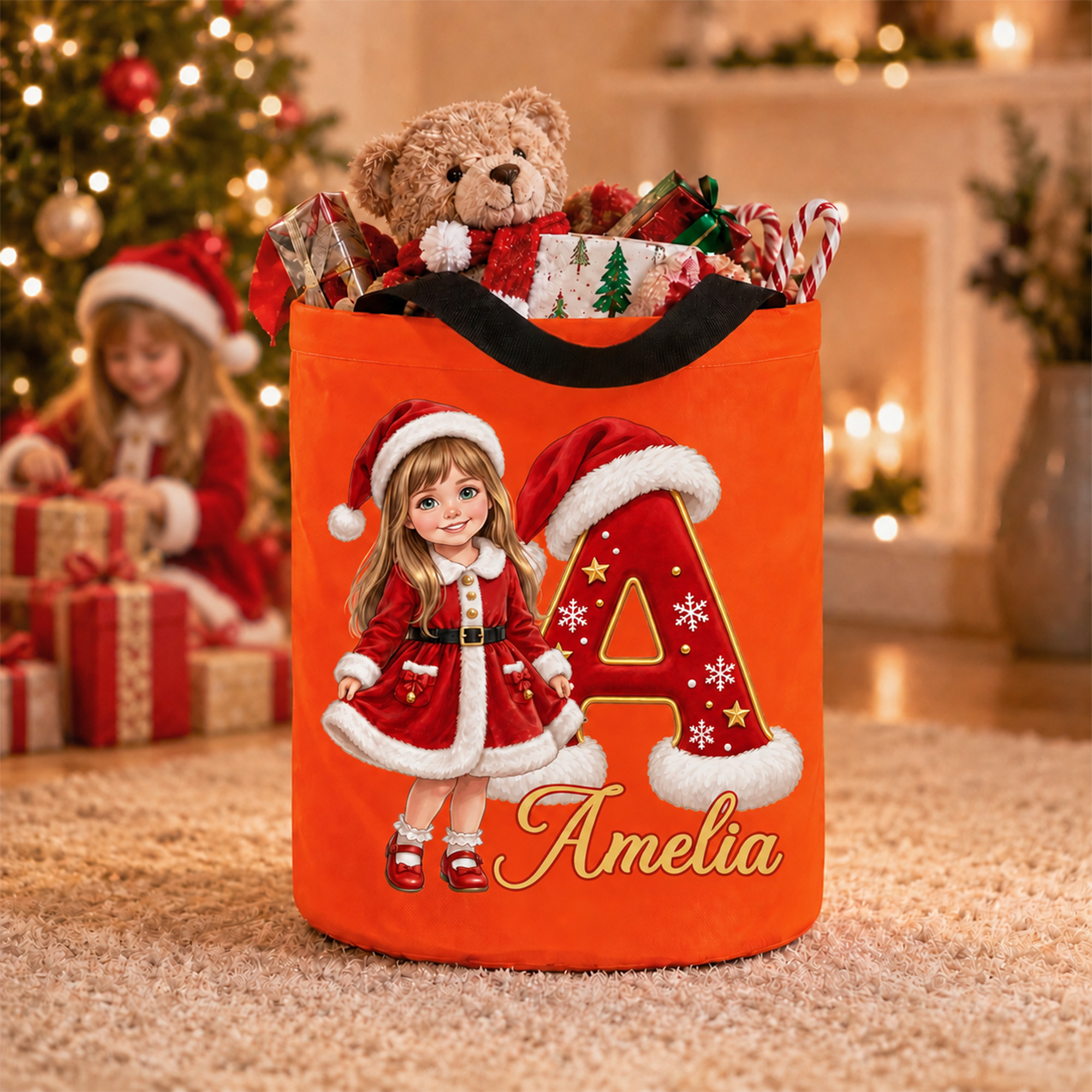 Personalized 3D-Effect Artwork Cartoon Christmas Character Photo LED Light Bucket Bag with Name and Initial Christmas Party Gift for Boys Girls