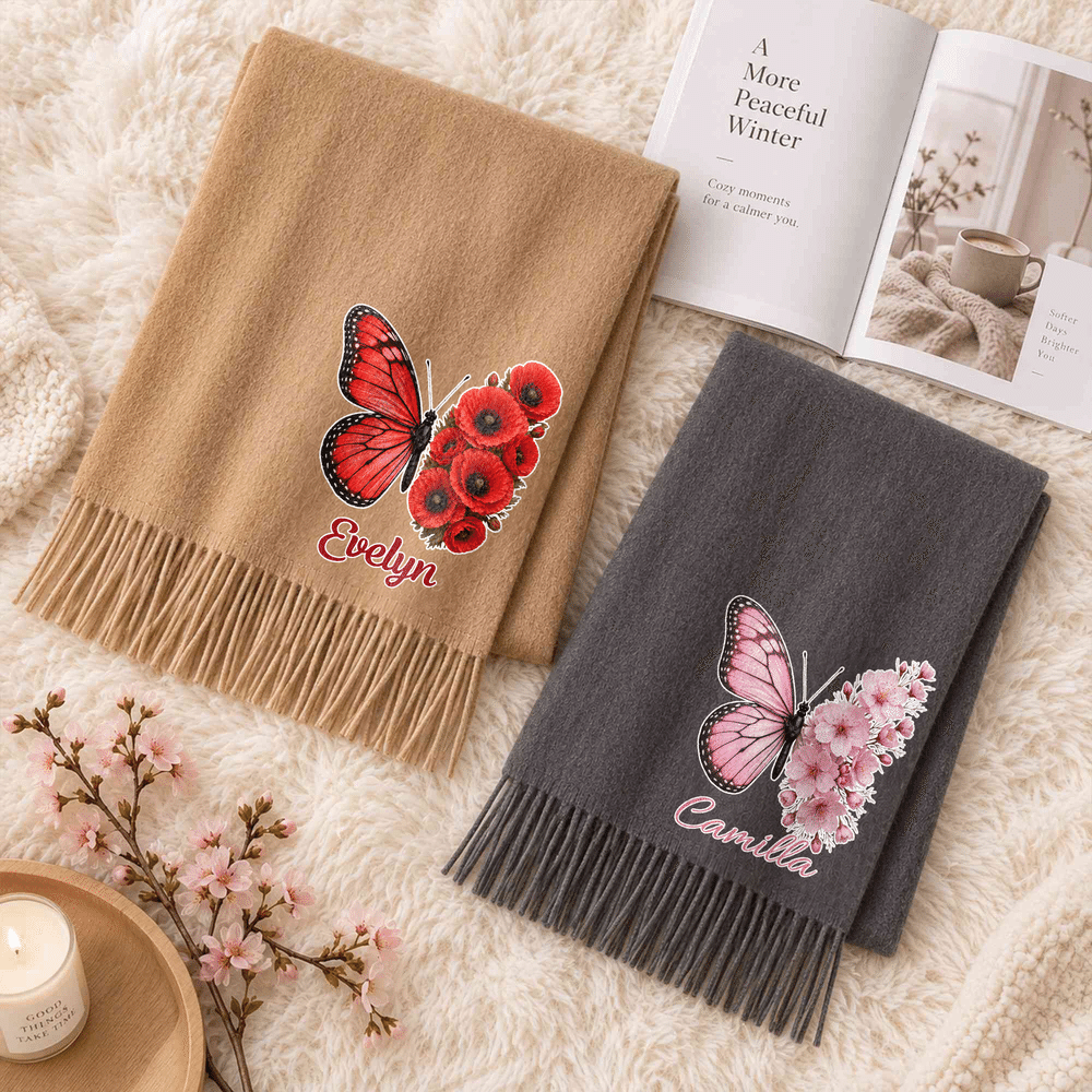 Personalised Birth Flower Butterfly Soft Warm Tassel Scarf with Name Birthday Anniversary Gift for Mum Friend Woman 3