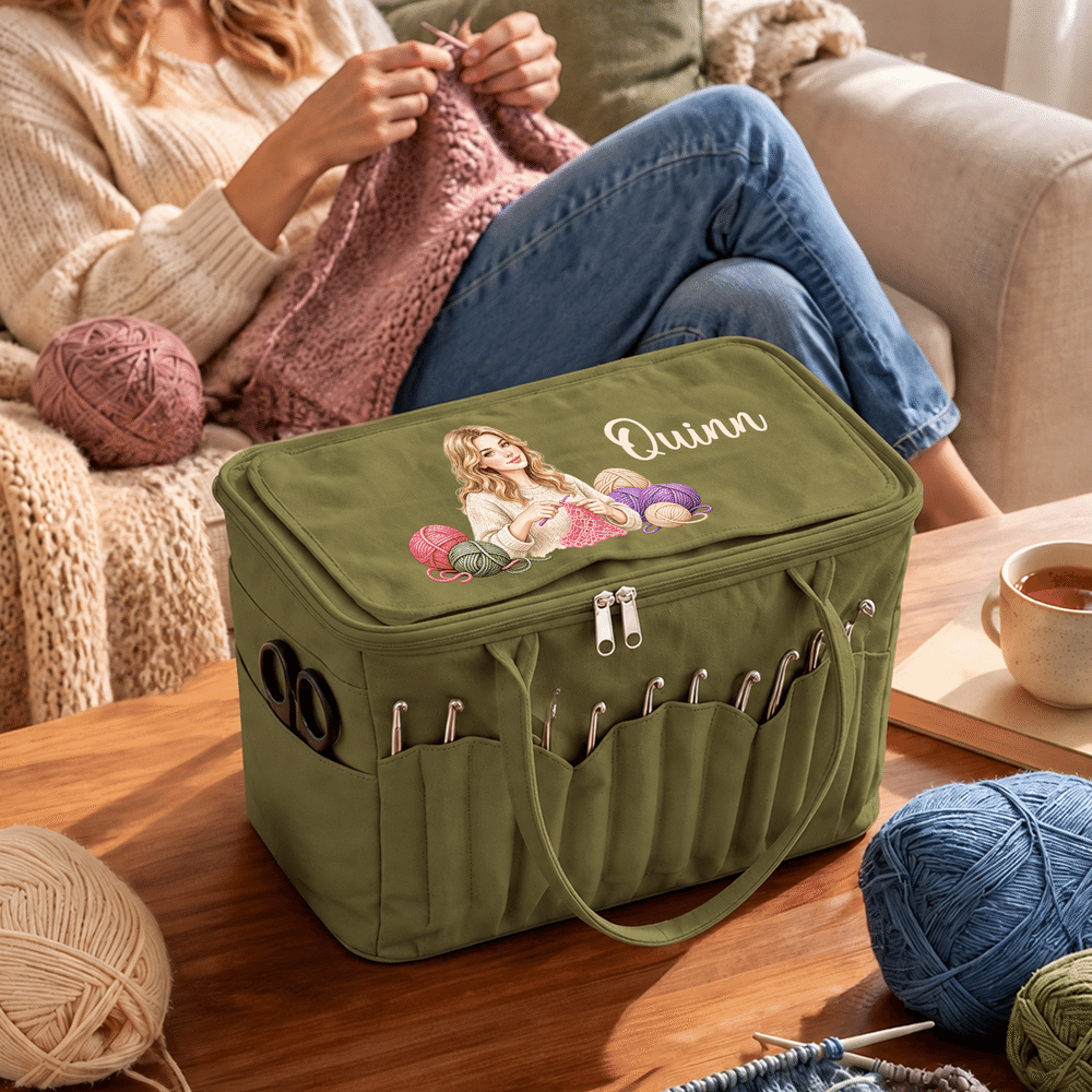 Personalized Photo to Hand Drawn Style Portrait Crochet Knitting Canvas Yarn Needle Storage Bag with Name Birthday Sewing Gift for Craft Lovers 5