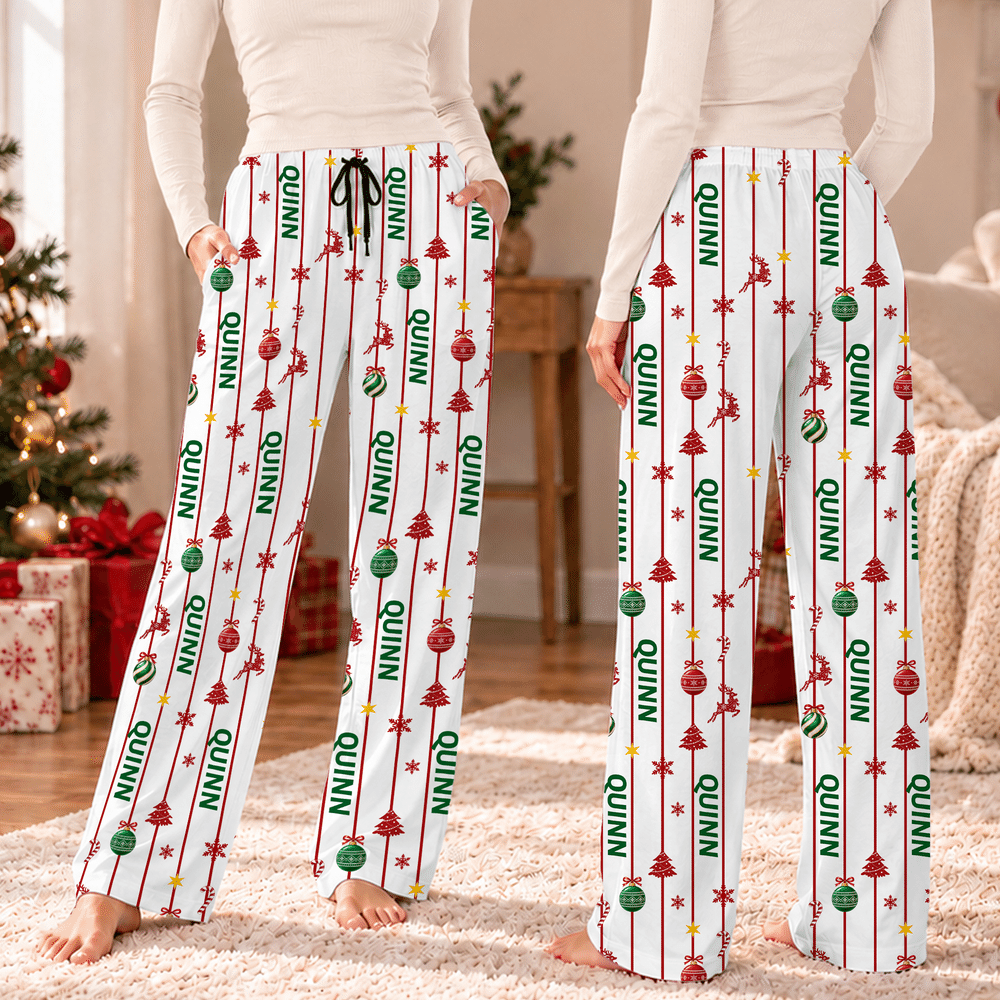 Pantalones de pijama navideños a rayas con adorno personalizado de reno para el árbol de Navidad y nombre: regalo de Navidad para hombres, mujeres, niños y amigos 3