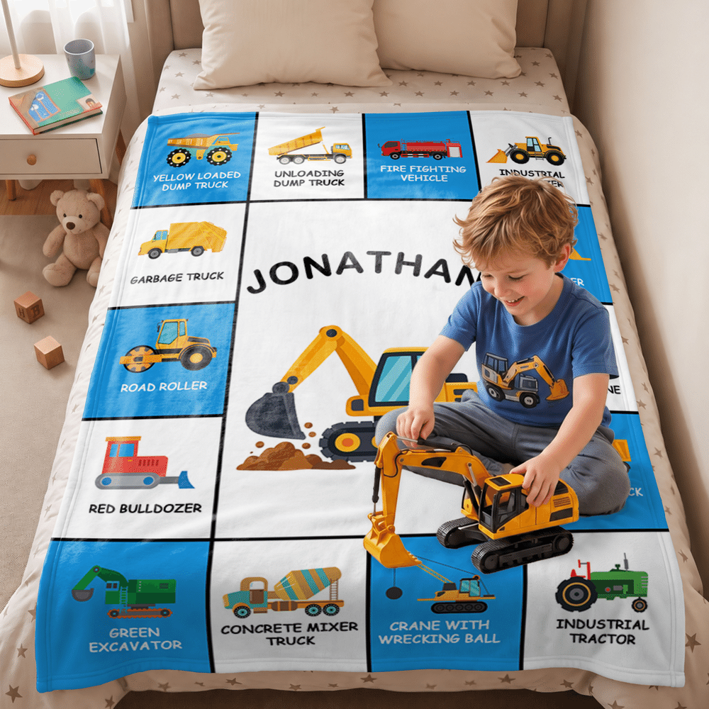 Personalised Cartoon Construction Vehicle Soft Throw Blanket with Name Birthday Christmas Gift for Kid Lorry Lover 3