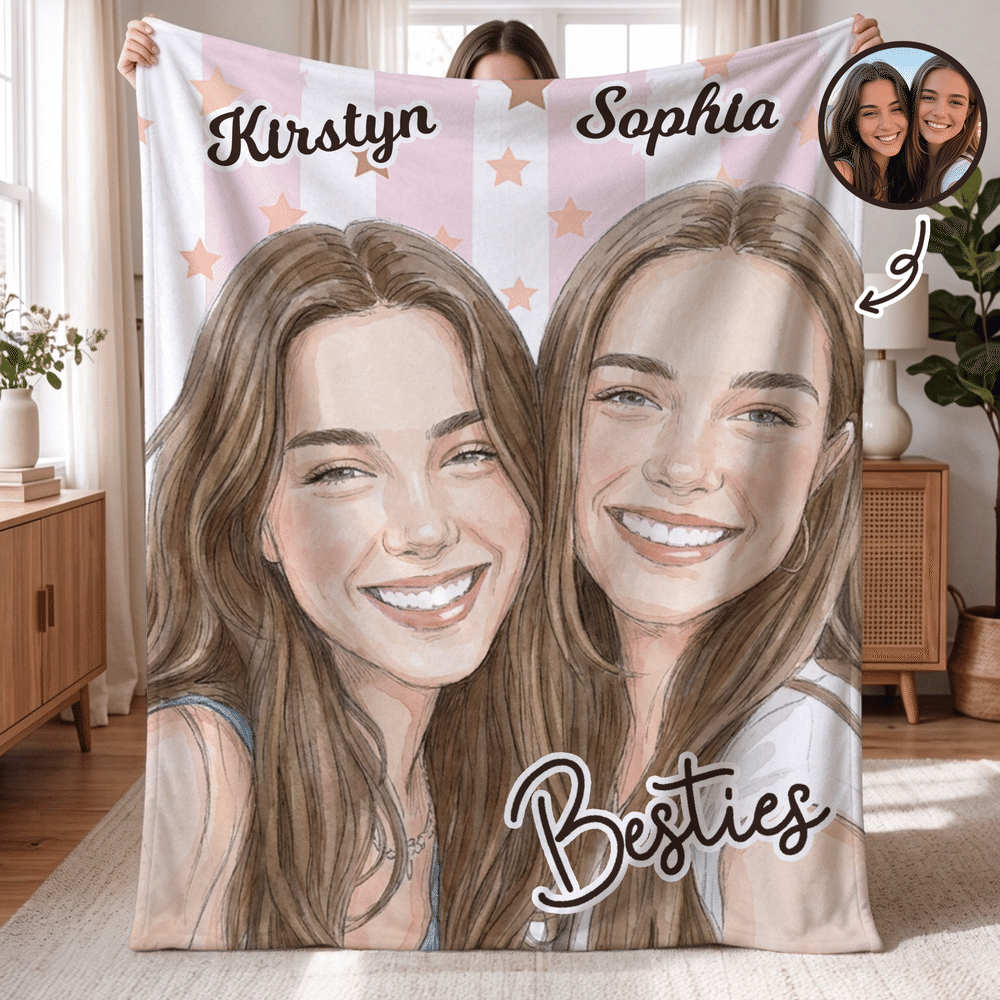 Personalized Star Watercolor Style Character Photo Soft Throw Blanket with Names Home Decor Birthday Gift for Best Friends Besties 1