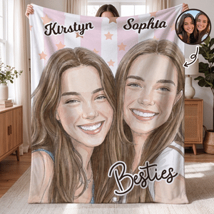 Personalized Star Watercolor Style Character Photo Soft Throw Blanket with Names Home Decor Birthday Gift for Best Friends Besties