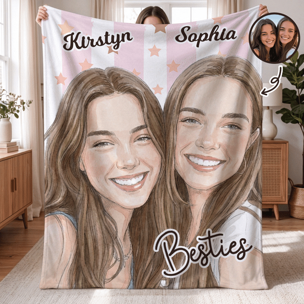 Personalized Star Watercolor Style Character Photo Soft Throw Blanket with Names Home Decor Birthday Gift for Best Friends Besties