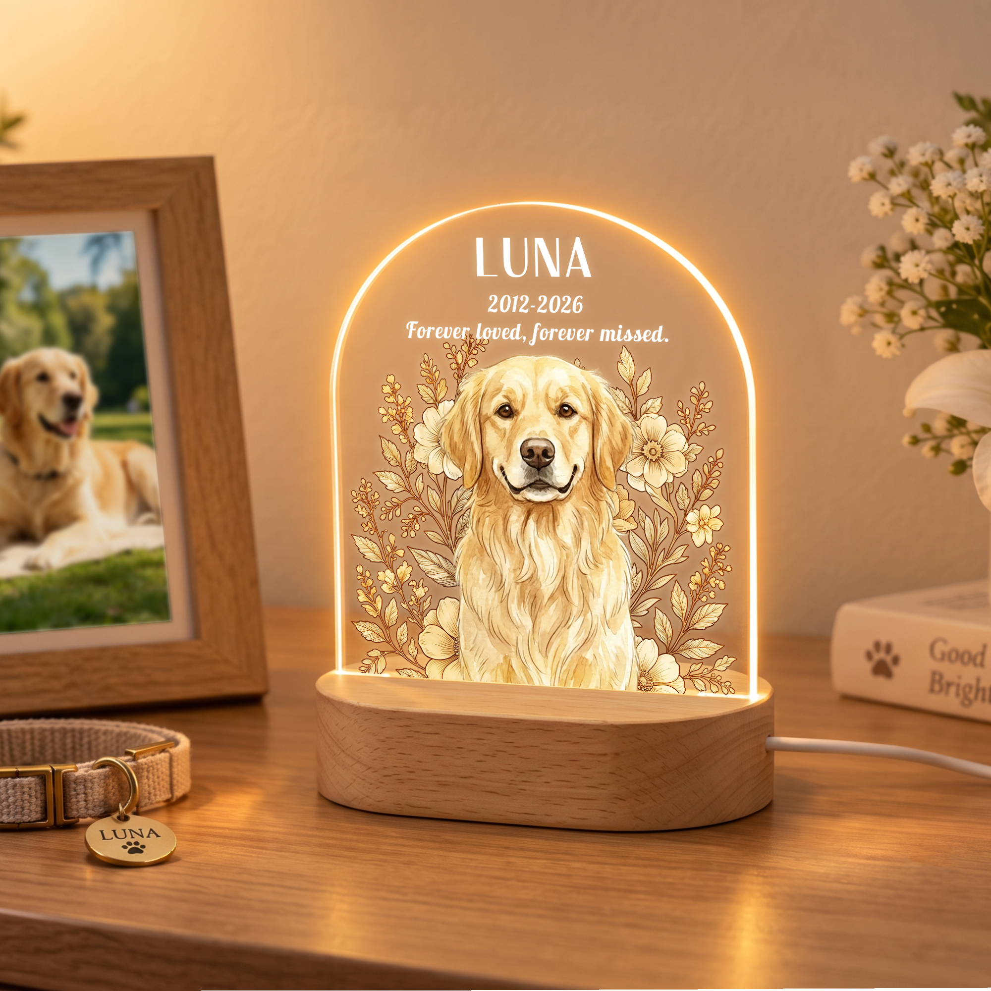 Personalised Watercolor Pet Photo Floral Acrylic LED Night Light with Name Year and Wooden Base Pet Memorial Sympathy Pet Loss Gift for Pet Owners