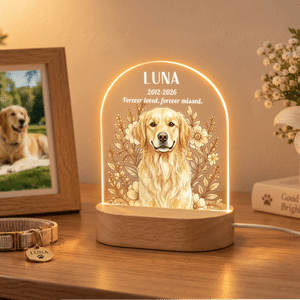 Lampada da notte LED personalizzata in acrilico con foto del proprio animale domestico dipinta ad acquerello e motivo floreale, con nome e anno, base in legno: regalo commemorativo per la perdita di un animale domestico, in segno di cordoglio, per i proprietari di animali domestici