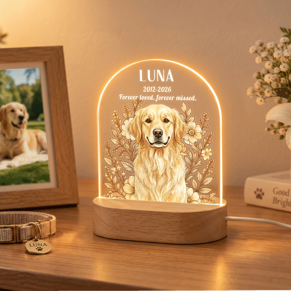 Personalized Watercolor Pet Photo Floral Acrylic LED Night Light with Name Year and Wooden Base Pet Memorial Sympathy Pet Loss Gift for Pet Owners