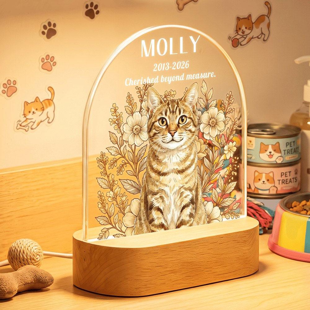 Lampada da notte LED personalizzata in acrilico con foto del proprio animale domestico dipinta ad acquerello e motivo floreale, con nome e anno, base in legno: regalo commemorativo per la perdita di un animale domestico, in segno di cordoglio, per i proprietari di animali domestici 7