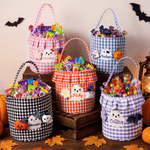 Personalized Cute Ghost Gingham Reusable Candy Basket with Name Halloween Trick or Treat Activity Gift for Kids Boys Girls