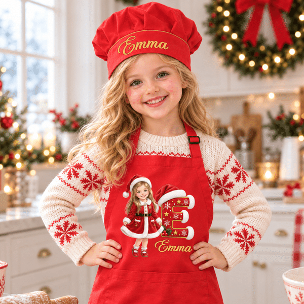 Personalized 3D-Style Art Cartoon Photo Kid Baking Apron Chef Hat Set with Name and Pocket Kitchen Accessory Daily Use Birthday Gift for Children