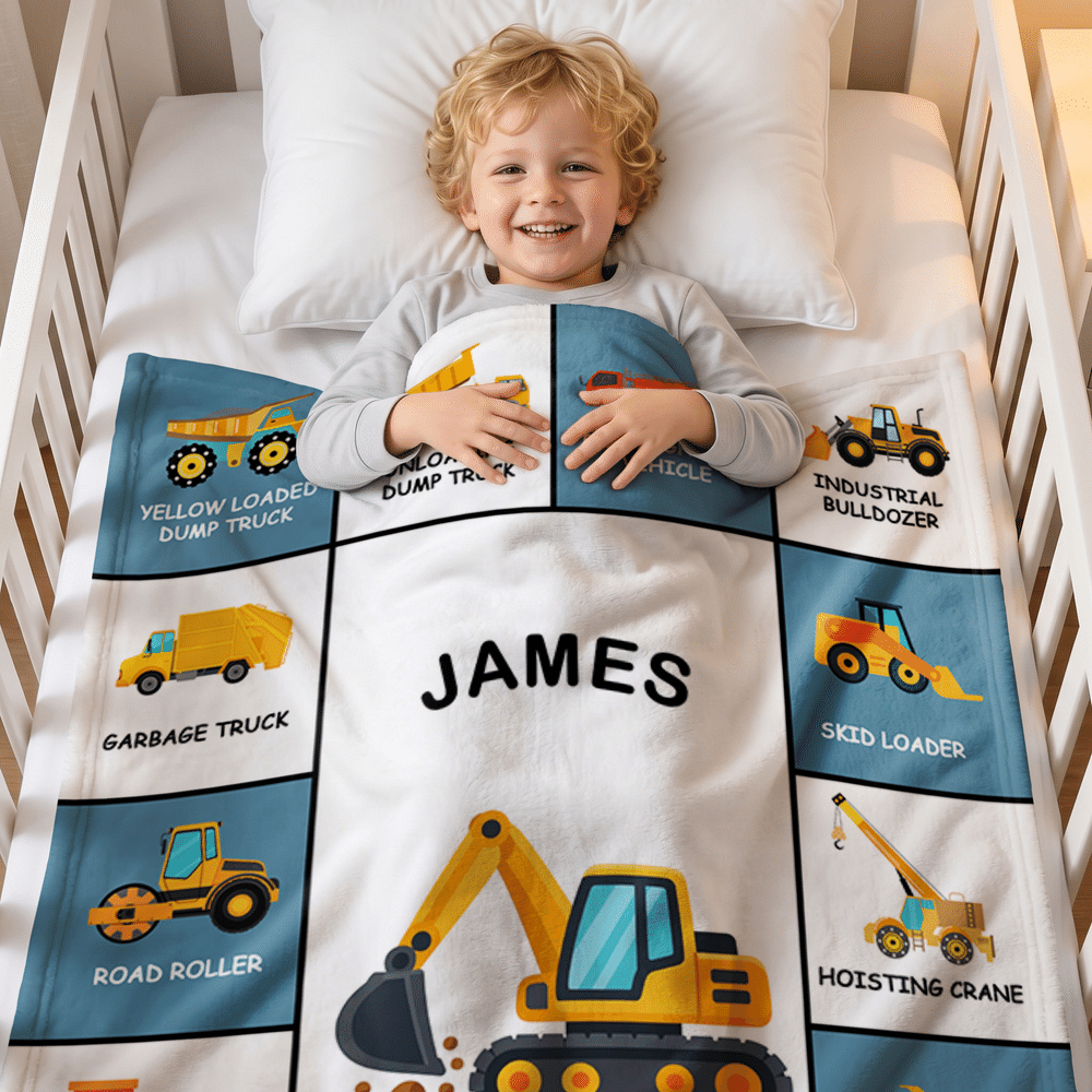 Personalised Cartoon Construction Vehicle Soft Throw Blanket with Name Birthday Christmas Gift for Kid Lorry Lover 4