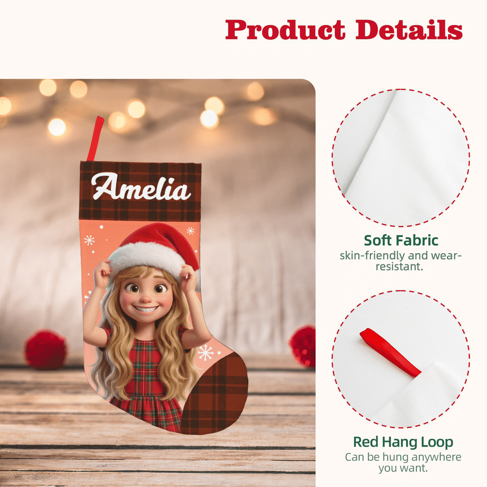 Calcetín navideño personalizado con foto de dibujos animados, gorro de Papá Noel a cuadros y nombre; decoración para el hogar; regalo de Navidad para niños y la familia 7