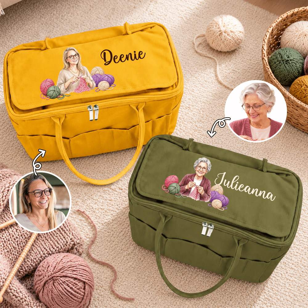 Personalized Photo to Hand Drawn Style Portrait Crochet Knitting Canvas Yarn Needle Storage Bag with Name Birthday Sewing Gift for Craft Lovers 2