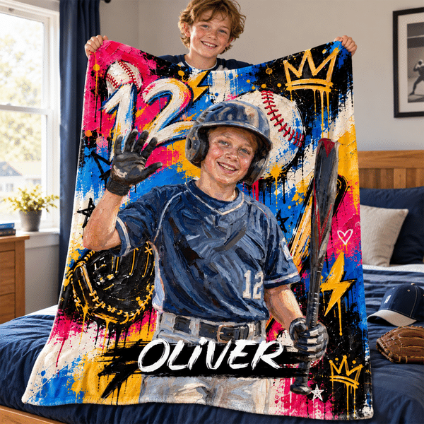 Personalized Graffiti Oil Painting Style Photo Soft Throw Blanket with Name and Number Baseball Club Birthday Gift for Baseball Player