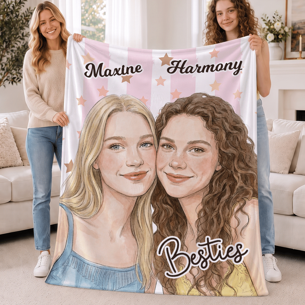 Personalized Star Watercolor Style Character Photo Soft Throw Blanket with Names Home Decor Birthday Gift for Best Friends Besties 3