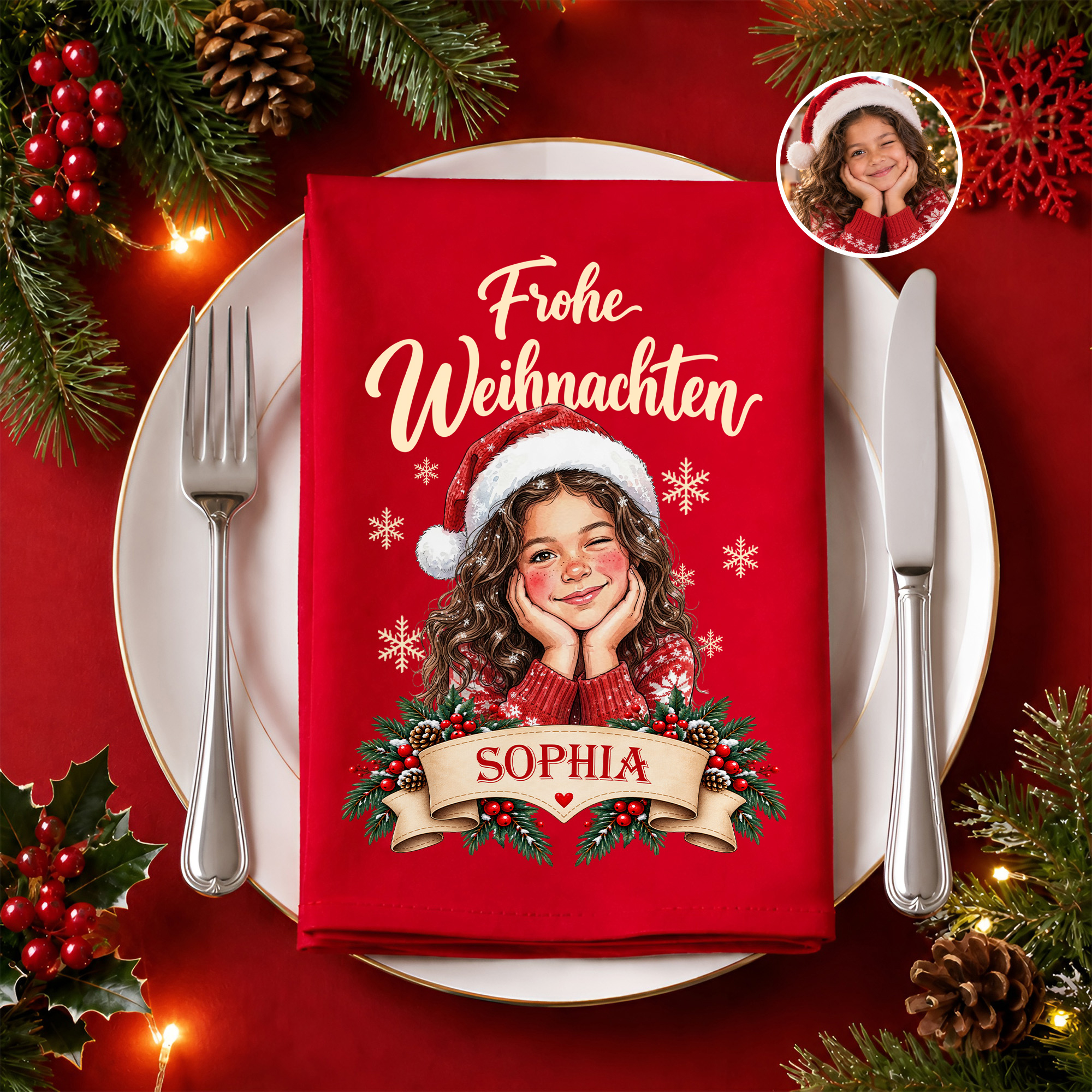 Personalisierte Weihnachtsserviette mit Namen & Cartoon-Porträt nach Foto | 100% Baumwolle | Tischdeko | Weihnachten Geschenk für Familie & Freunde