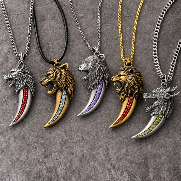 Personalised Lion Tiger Wild Animal Head Birthstone Teeth Antique Silver Necklace with Name Gothic Viking Totem Jewellery Birthday Gift for Men